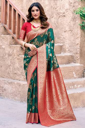 Dark green soft banarasi silk blend zari woven saree with blouse