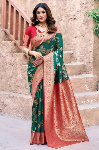 Dark green soft banarasi silk blend zari woven saree with blouse