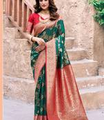 Dark green soft banarasi silk blend zari woven saree with blouse