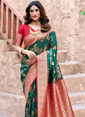 Dark green soft banarasi silk blend zari woven saree with blouse 2