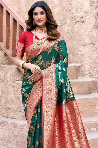 Dark green soft banarasi silk blend zari woven saree with blouse