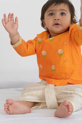 Marigold orange embroidered chanderi dhoti kurta set