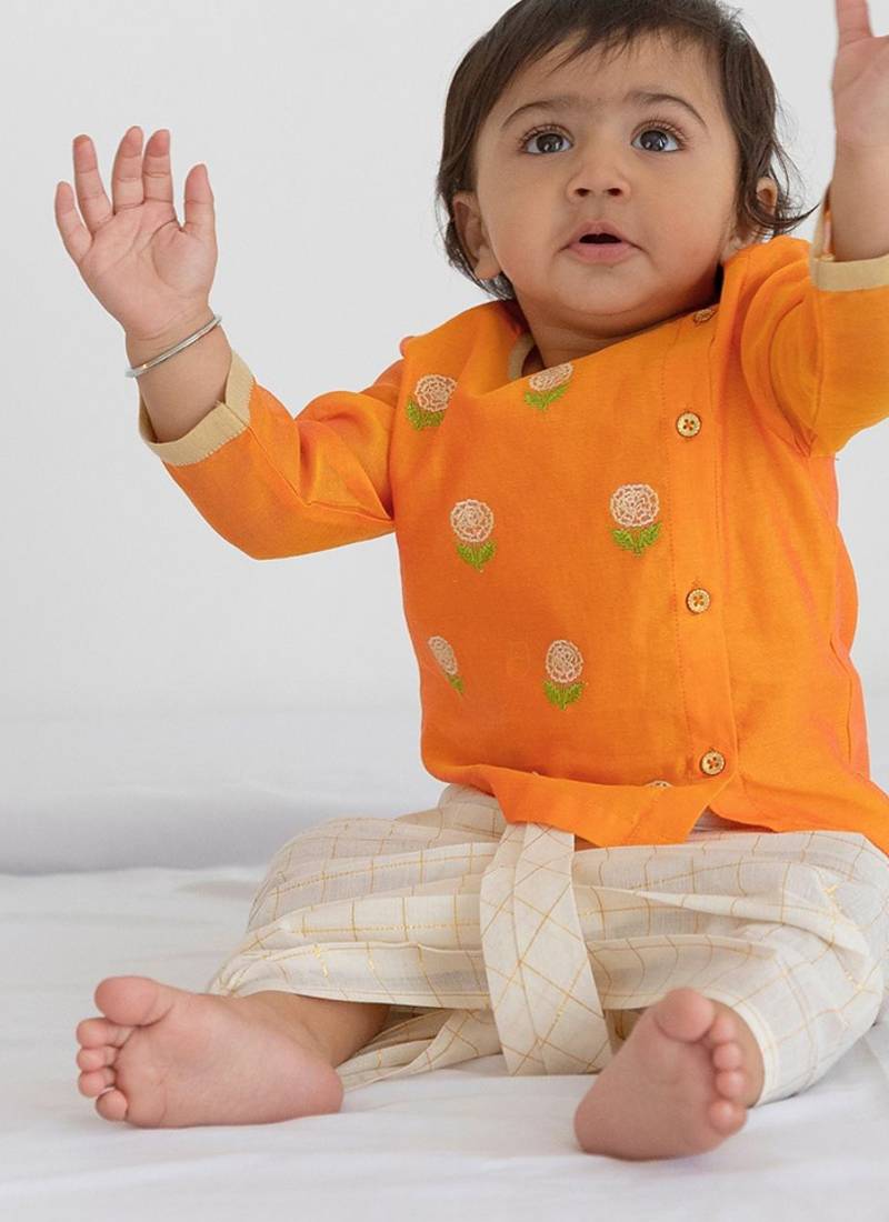 Marigold orange embroidered chanderi dhoti kurta set