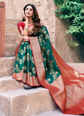 Dark green soft banarasi silk blend zari woven saree with blouse 3