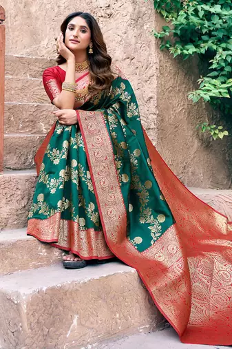 Dark green soft banarasi silk blend zari woven saree with blouse