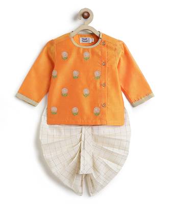 Marigold orange embroidered chanderi dhoti kurta set 2