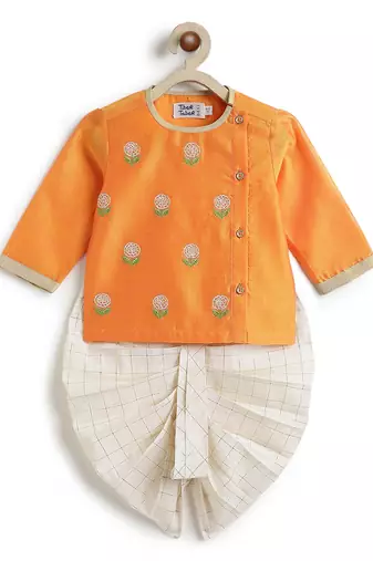 Marigold orange embroidered chanderi dhoti kurta set