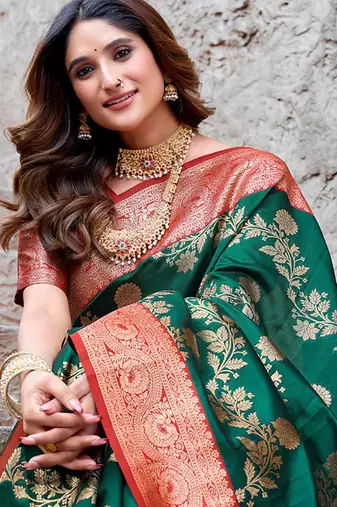 Dark green soft banarasi silk blend zari woven saree with blouse
