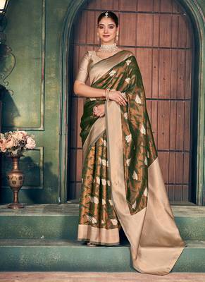 Bottle green soft banarasi silk blend saree with gold zari motifs and contrast blouse 1