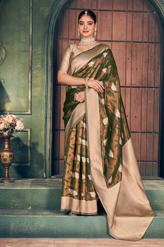 Bottle green soft banarasi silk blend saree with gold zari motifs and contrast blouse