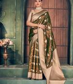 Bottle green soft banarasi silk blend saree with gold zari motifs and contrast blouse