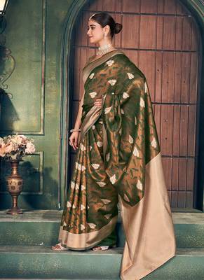 Bottle green soft banarasi silk blend saree with gold zari motifs and contrast blouse 2