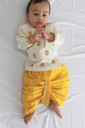 Off white floral embroidered cotton yellow dhoti kurta set