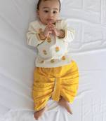 Off white floral embroidered cotton yellow dhoti kurta set