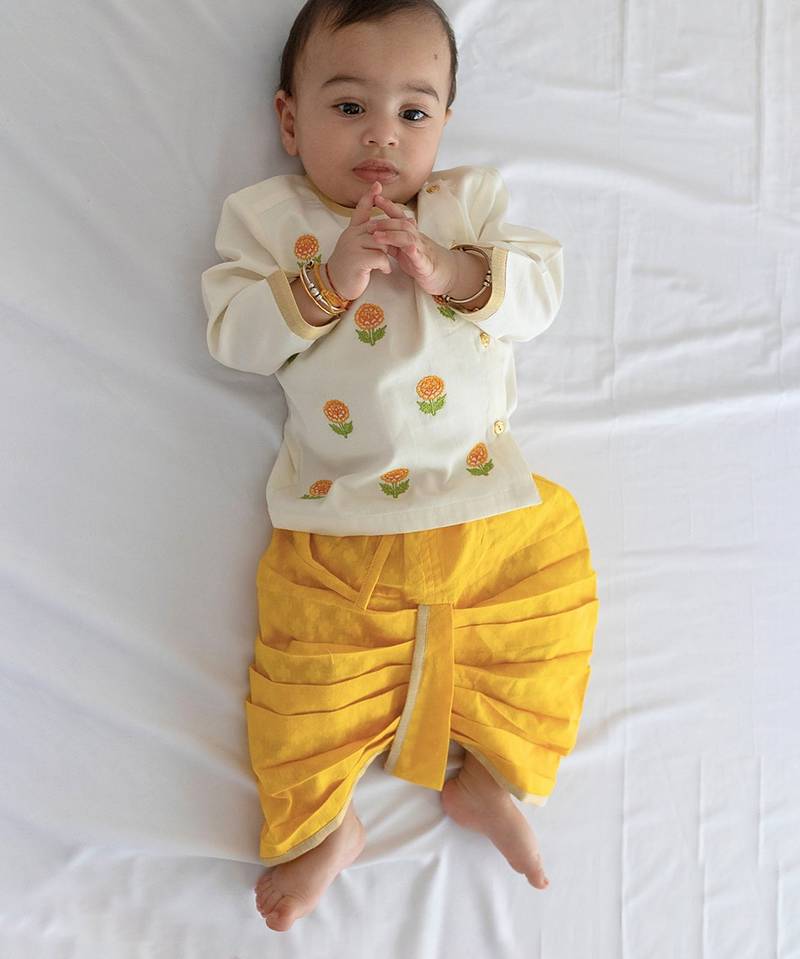 Off white floral embroidered cotton yellow dhoti kurta set