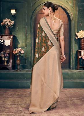 Bottle green soft banarasi silk blend saree with gold zari motifs and contrast blouse 3