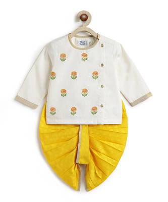 Off white floral embroidered cotton yellow dhoti kurta set 2