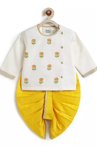 Off white floral embroidered cotton yellow dhoti kurta set
