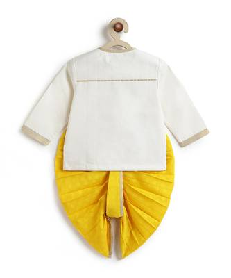 Off white floral embroidered cotton yellow dhoti kurta set 3