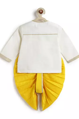 Off white floral embroidered cotton yellow dhoti kurta set