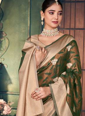 Bottle green soft banarasi silk blend saree with gold zari motifs and contrast blouse 4