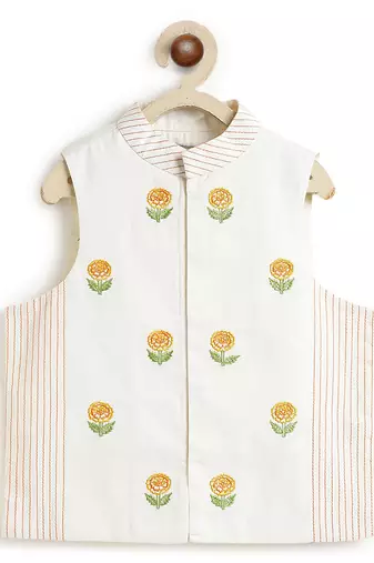 Off white floral embroidered cotton bundi jacket