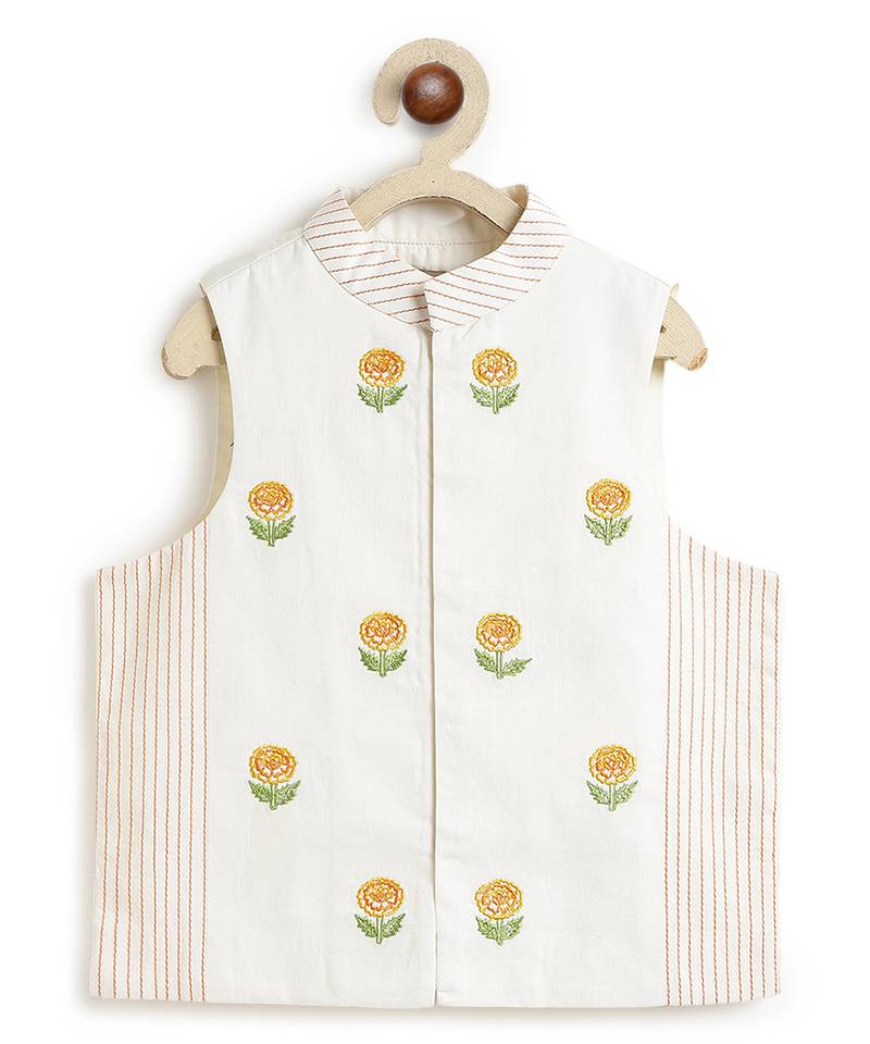 Off white floral embroidered cotton bundi jacket