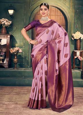Light pink soft banarasi silk blend saree with purple zari border & blouse piece 1