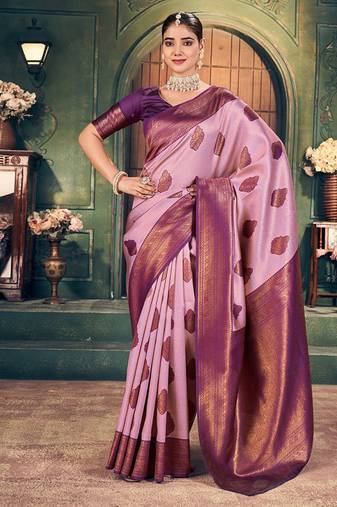 Light pink soft banarasi silk blend saree with purple zari border & blouse piece