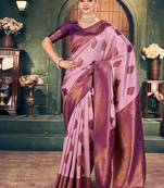 Light pink soft banarasi silk blend saree with purple zari border & blouse piece