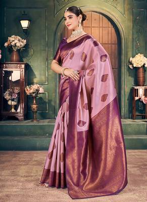 Light pink soft banarasi silk blend saree with purple zari border & blouse piece 2