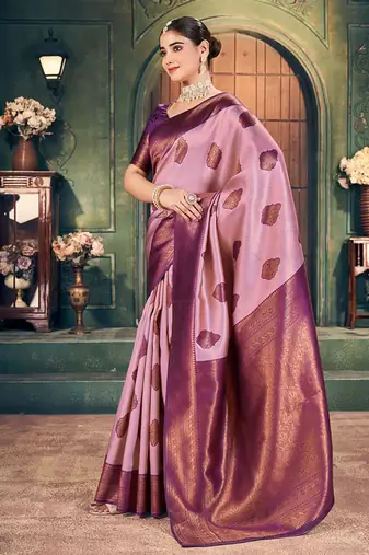 Light pink soft banarasi silk blend saree with purple zari border & blouse piece