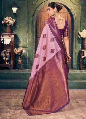 Light pink soft banarasi silk blend saree with purple zari border & blouse piece 3