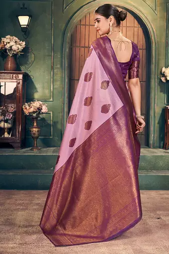 Light pink soft banarasi silk blend saree with purple zari border & blouse piece