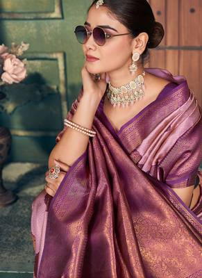 Light pink soft banarasi silk blend saree with purple zari border & blouse piece 4