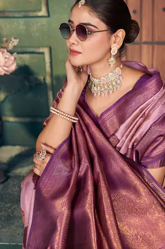 Light pink soft banarasi silk blend saree with purple zari border & blouse piece