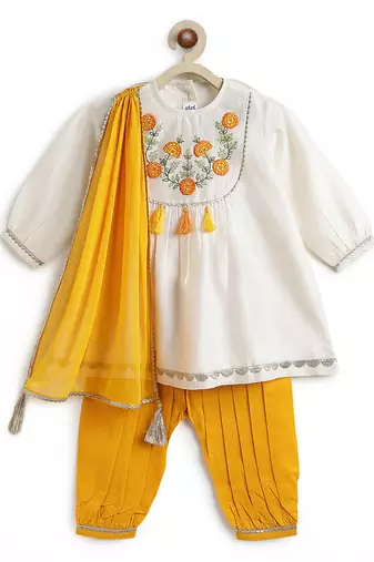 Off white floral embroidered cotton kurti set