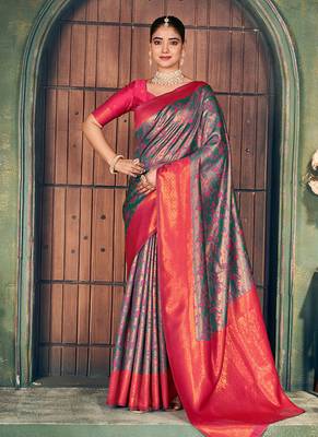 Teal green and magenta pink soft banarasi silk blend saree with blouse piece 1