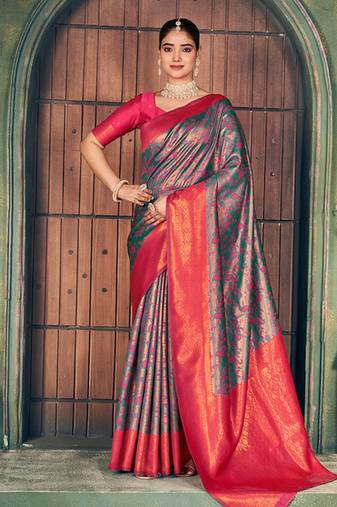 Teal green and magenta pink soft banarasi silk blend saree with blouse piece