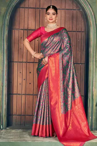 Teal green and magenta pink soft banarasi silk blend saree with blouse piece