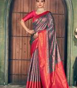 Teal green and magenta pink soft banarasi silk blend saree with blouse piece