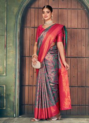 Teal green and magenta pink soft banarasi silk blend saree with blouse piece 2