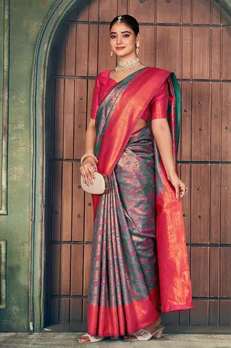 Teal green and magenta pink soft banarasi silk blend saree with blouse piece