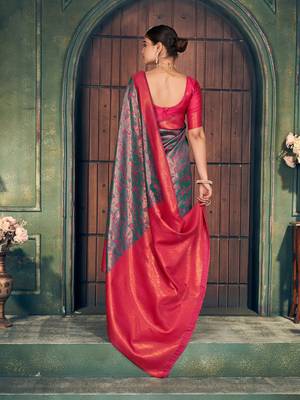 Teal green and magenta pink soft banarasi silk blend saree with blouse piece 3