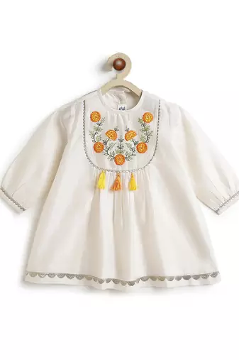 Off white floral embroidered cotton kurti set