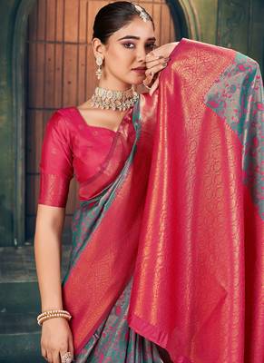 Teal green and magenta pink soft banarasi silk blend saree with blouse piece 4