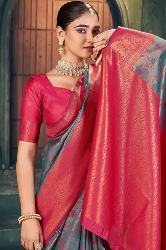 Teal green and magenta pink soft banarasi silk blend saree with blouse piece