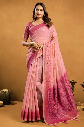 Light pink cotton blend zari woven work saree with blouse piece