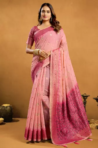 Light pink cotton blend zari woven work saree with blouse piece