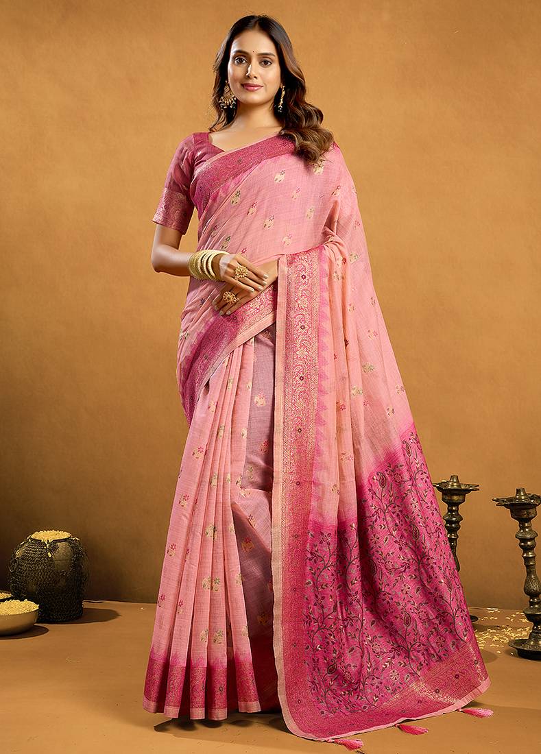 Light pink cotton blend zari woven work saree with blouse piece